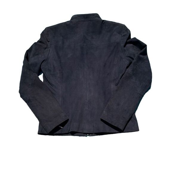 Neiman Marcus Women’s Blue Gray Full Zip Tab Collared Suede Moto Jacket Small - Picture 9 of 14
